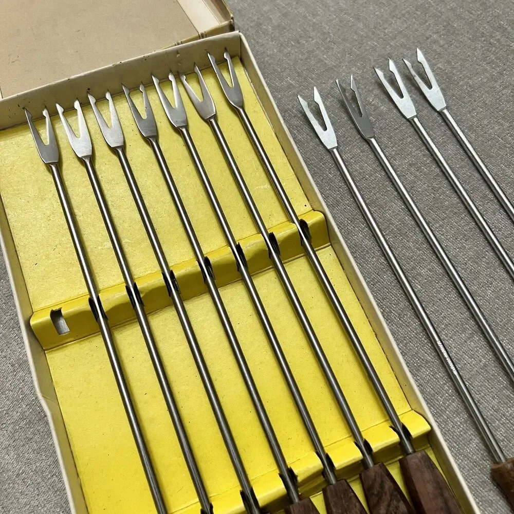VTG MCM Teak Handle Stainless Fondue Forks Original Box 11 Pcs Made In Japan EXC